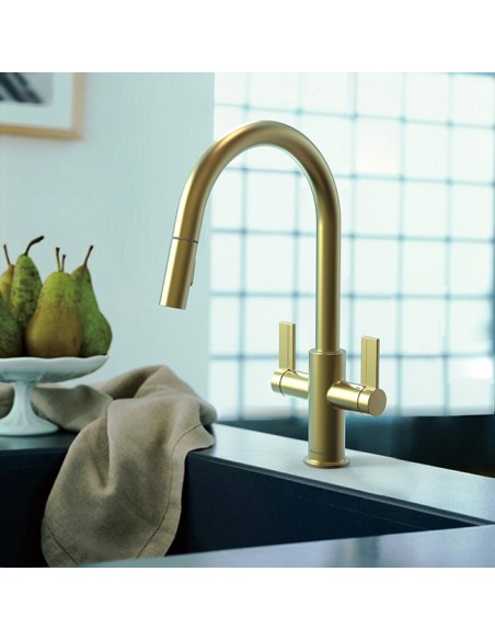 Robinet Clearwater Kira Avec Double Levier Et Douchette Extractible Laiton Satiné