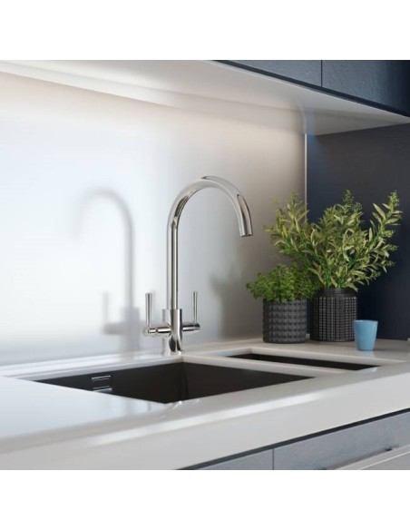 Mitigeur De Cuisine Double Levier Noa A Col De Cygne Chrome - Robinet De Cuisine Double Levier